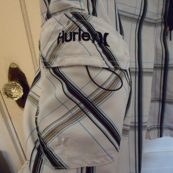 Men's Hurley Board Shorts White/Blk Plaid - Picture 6 of 7